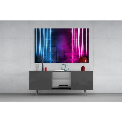 Vibrant neon blue pink glass wall art with vertical light beam streaks on canvas