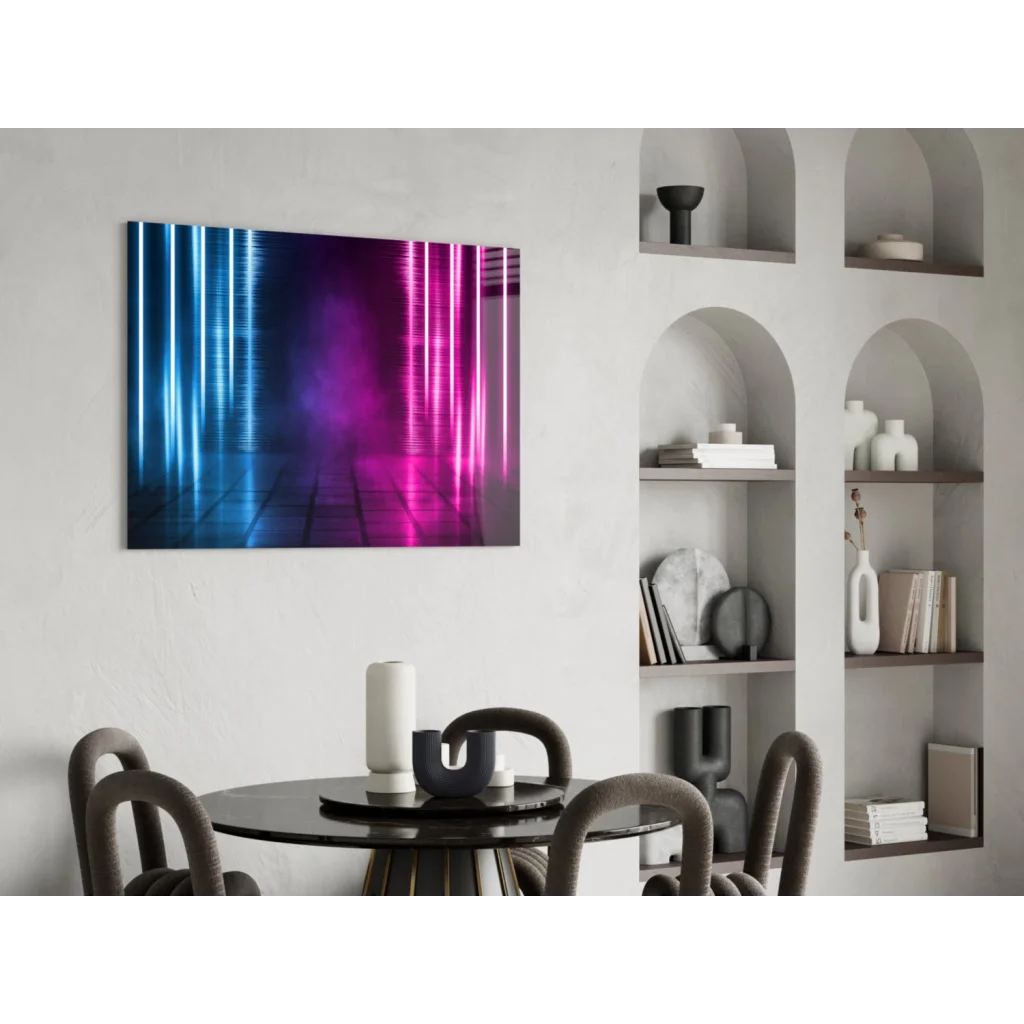 Vibrant neon blue pink glass wall art with vertical light beams on canvas