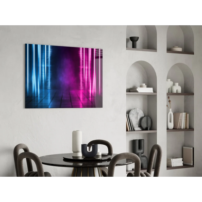 Vibrant neon blue pink glass wall art with vertical light beams on canvas