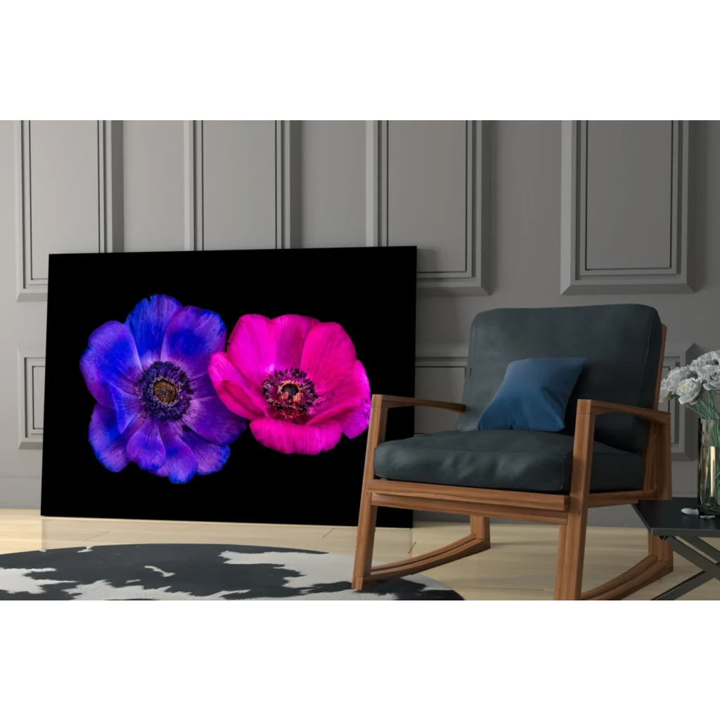 Neon blue pink poppy glass wall art print on black background