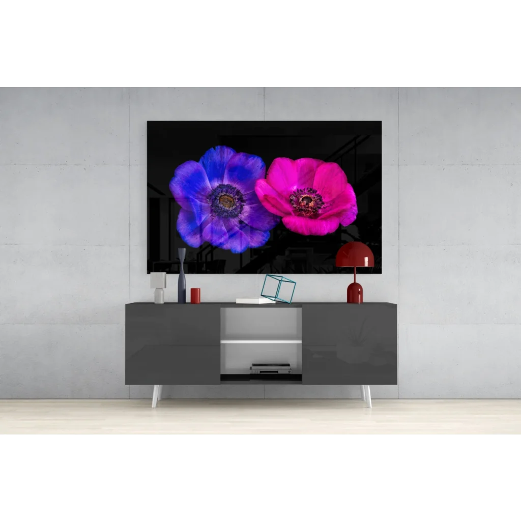 Vibrant Samsung QLED TV with flower wallpaper in Neon Blue Pink Poppy glass wall art