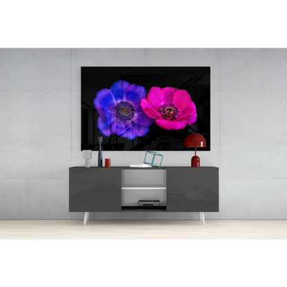 Vibrant Samsung QLED TV with flower wallpaper in Neon Blue Pink Poppy glass wall art