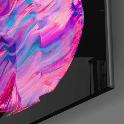 Samsung QLED TV with vibrant pink purple glass wall art display