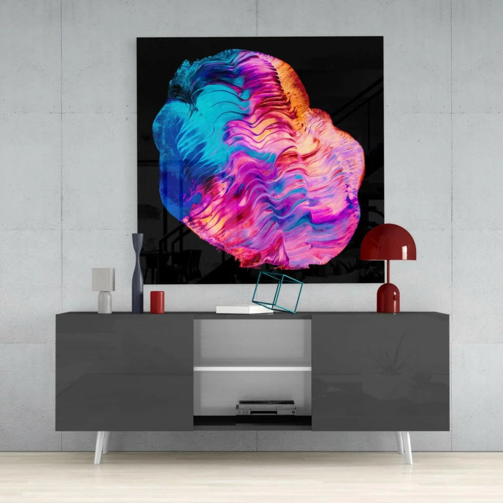 Modern gray TV stand with white legs under Neon Brain and Heart glass wall art