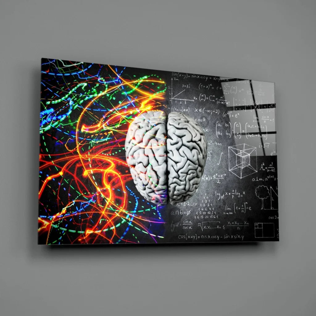 Realistic gray brain with neon math equations on blackboard wall art canvas print