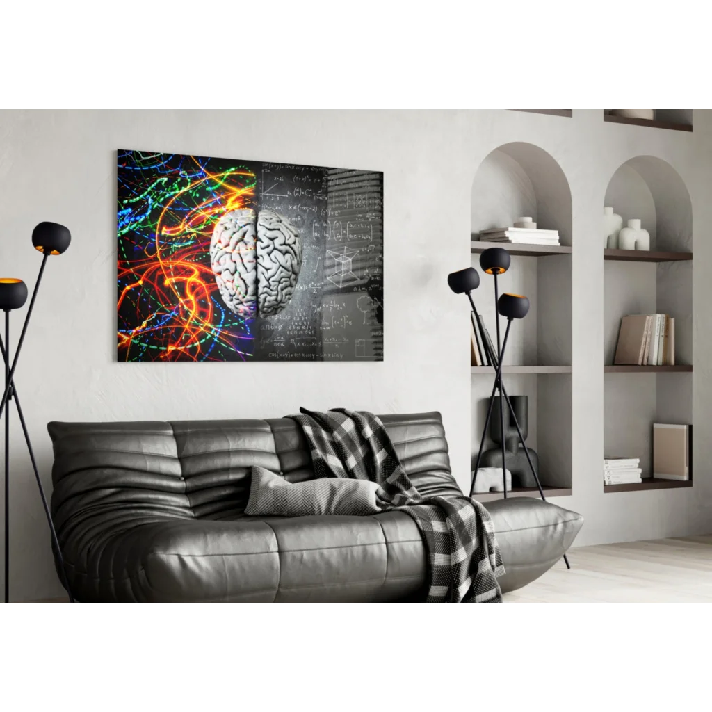Modern black leather sofa with quilted texture and gray plaid throw, near Neon Brain Science wall art canvas print