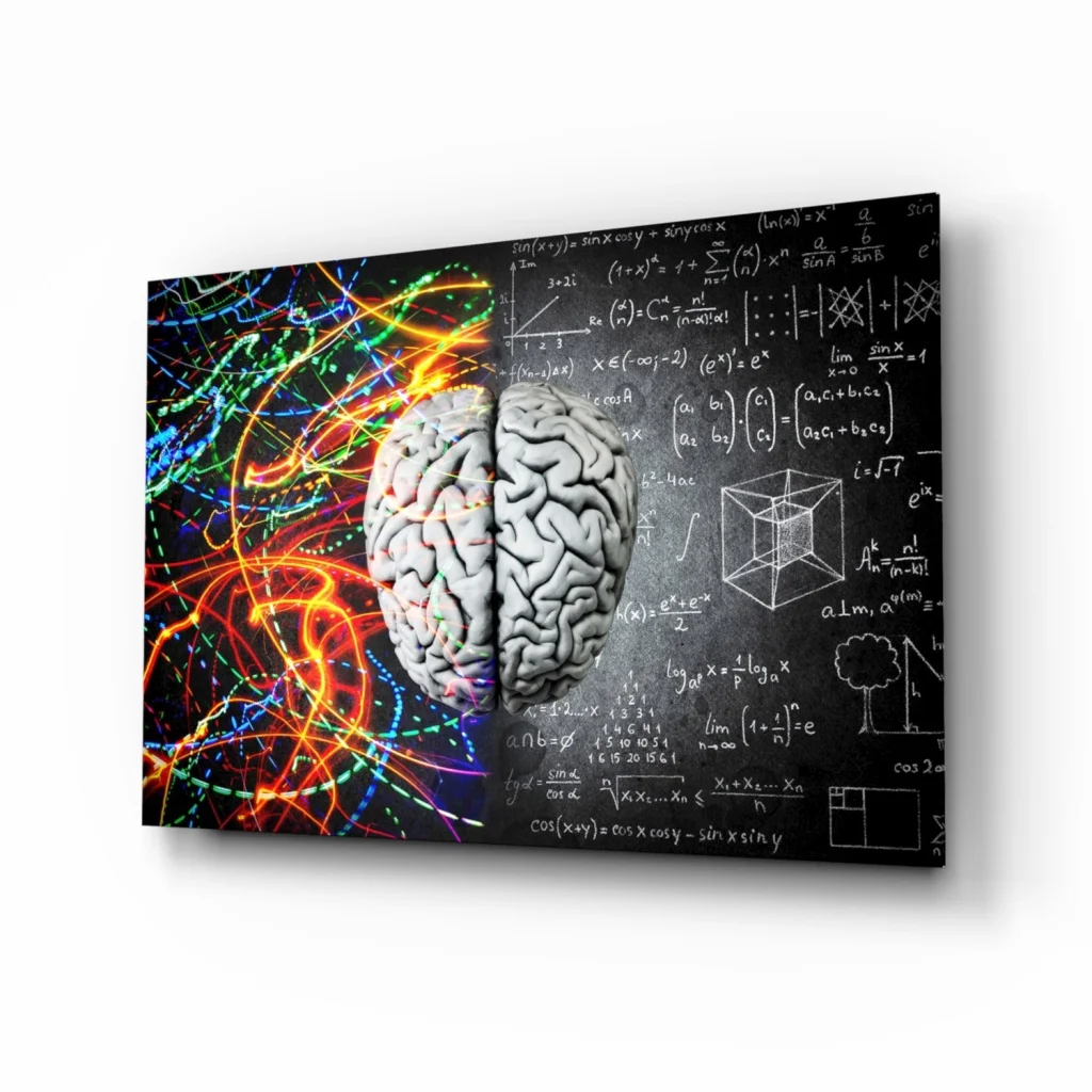 Neon Brain Science Wall Art: Gray anatomical model on blackboard with math equations and glowing trails