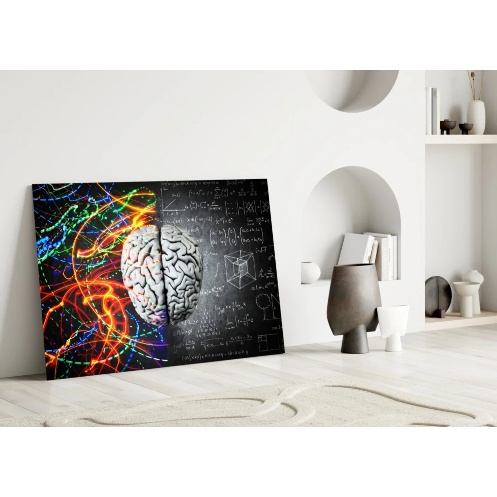 Vibrant neon brain science wall art canvas print with equations