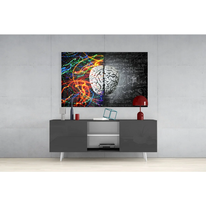 Vibrant neon brain wall art canvas print with equations