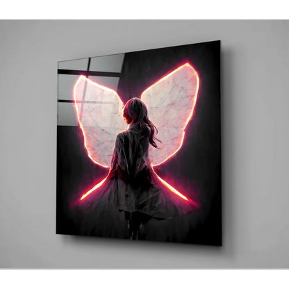 Vibrant neon pink butterfly wings in glowing glass wall art
