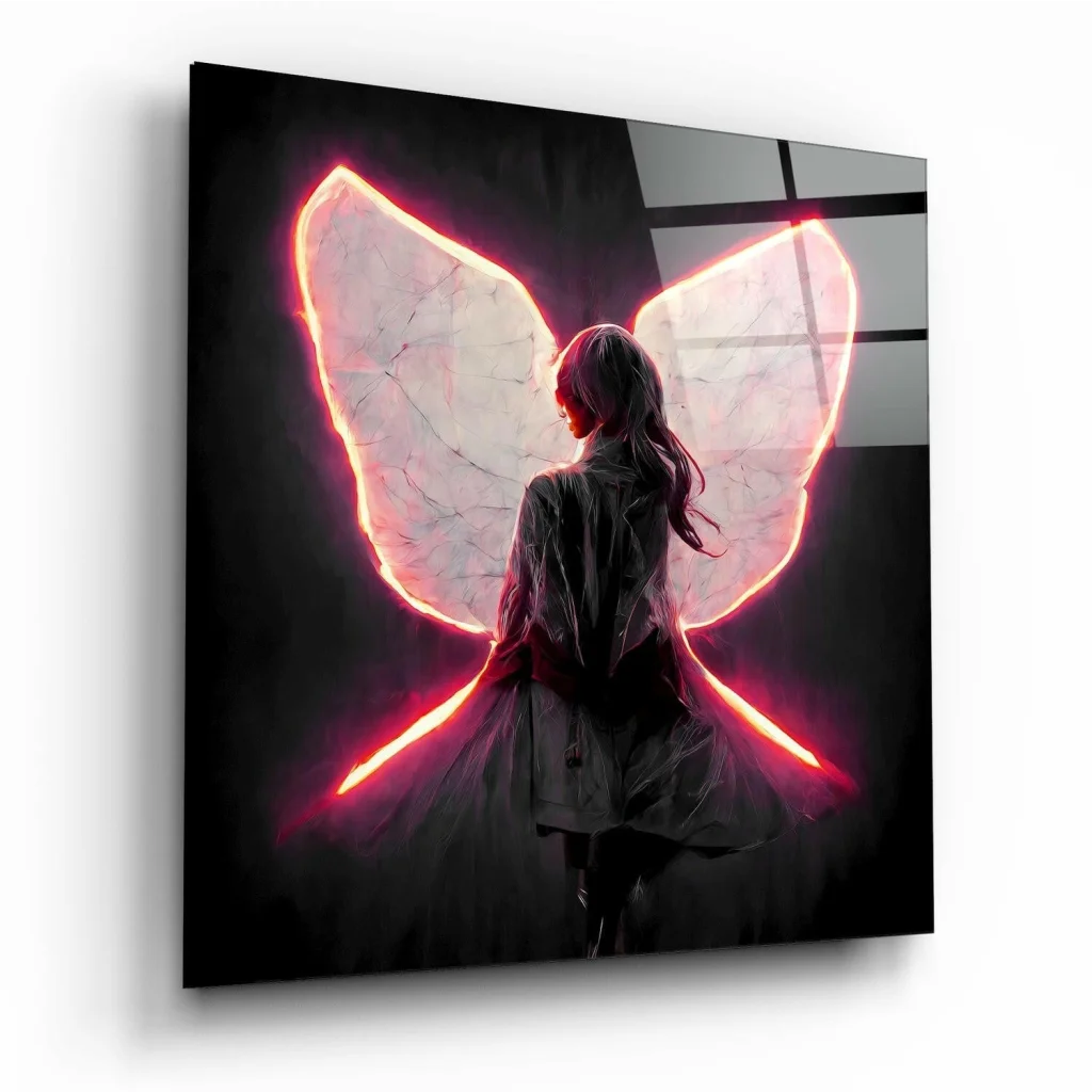 Neon red glowing butterfly wings glass wall art print
