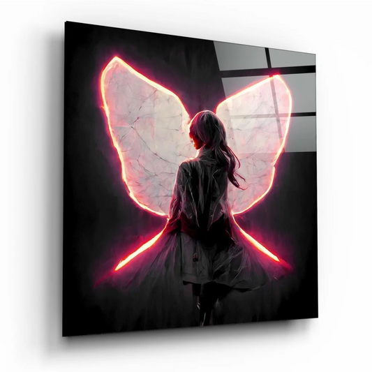 Neon red glowing butterfly wings glass wall art print