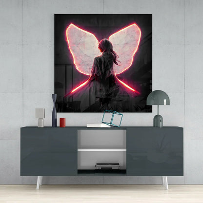 Glowing red butterfly wings silhouette on 24x36 inch neon glass wall art