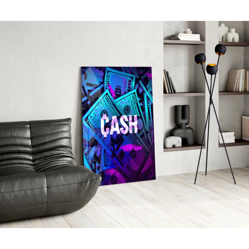 Neon blue purple cash dollar bill wall art canvas print