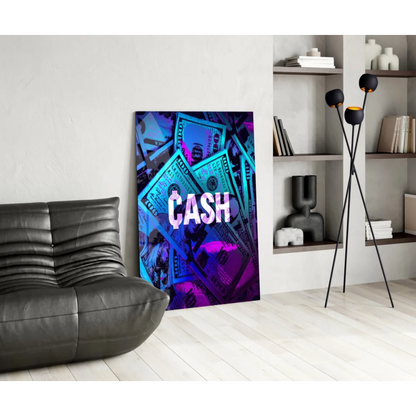Neon blue purple cash dollar bill wall art canvas print