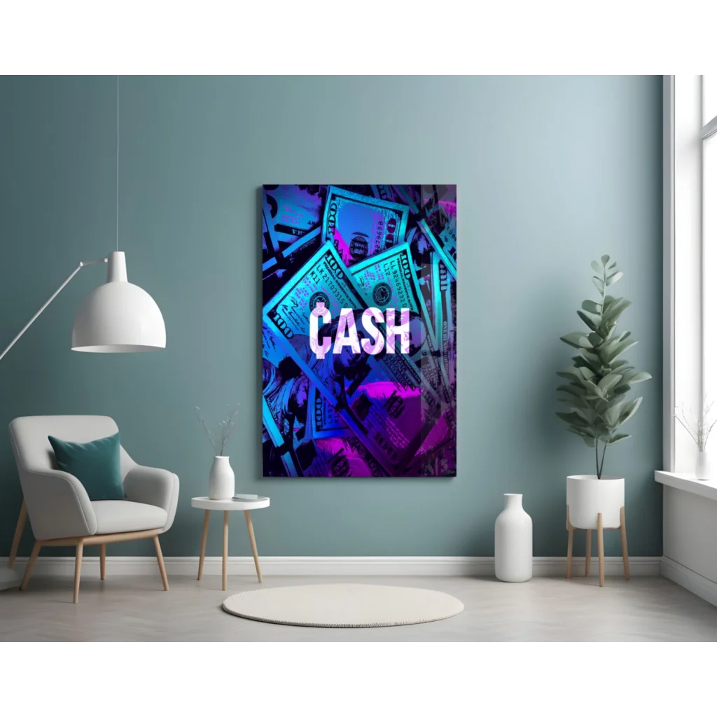 Neon blue purple cash canvas wall art with dollar bills design