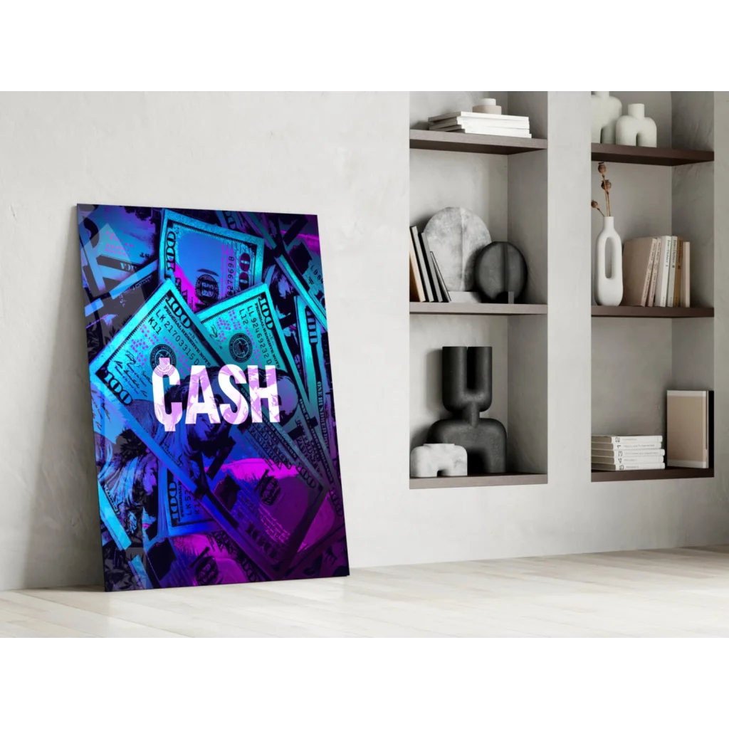 Neon blue purple dollar bill wall art canvas with cash text
