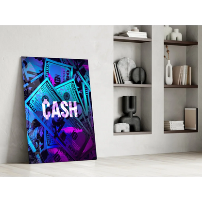 Neon blue purple dollar bill wall art canvas with cash text