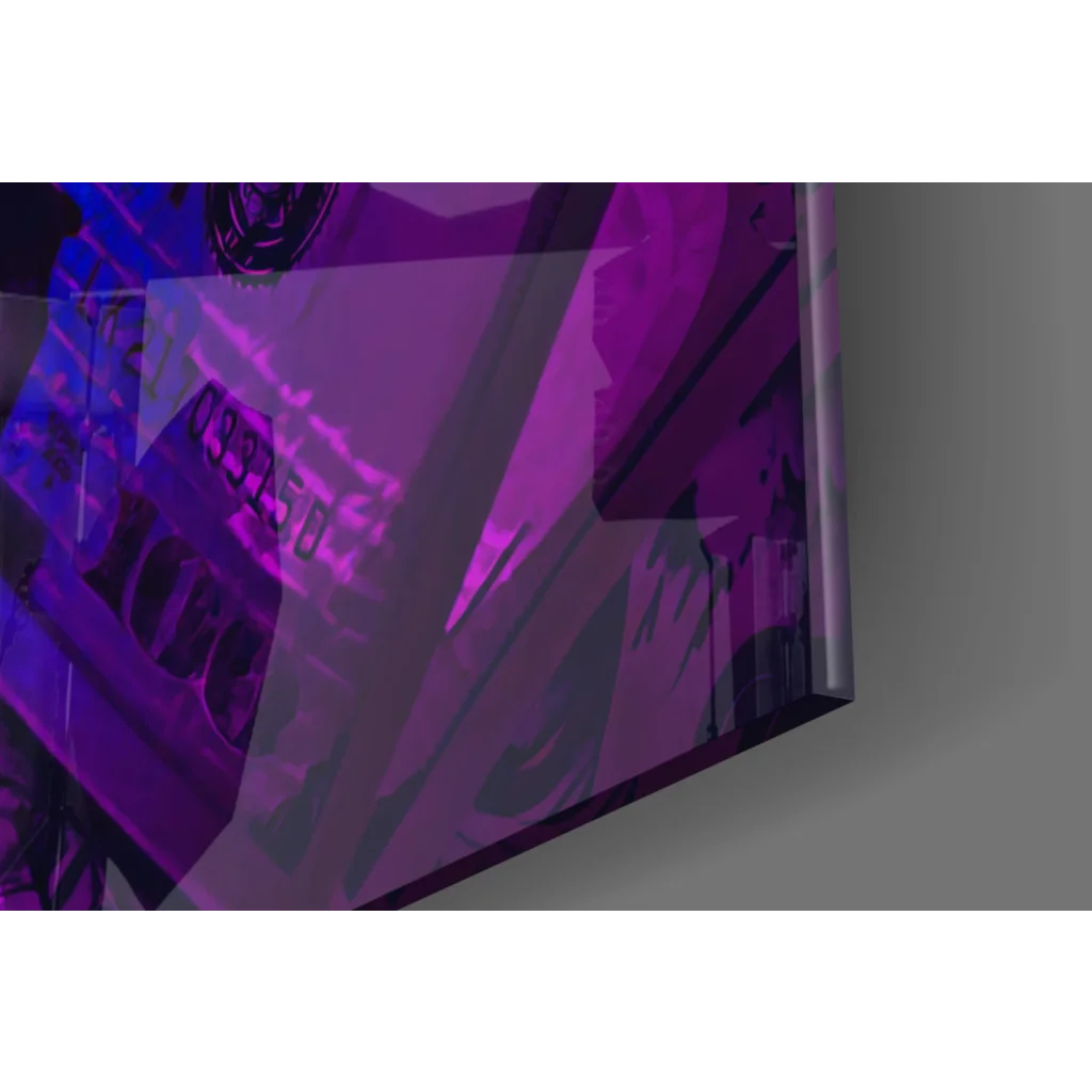 Neon Cash Dollar Bill wall art on purple black gaming PC tower