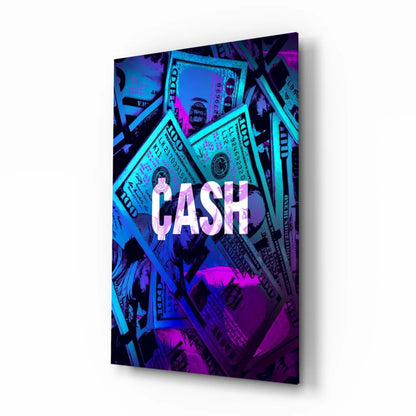 Neon blue purple cash dollar bill canvas wall art