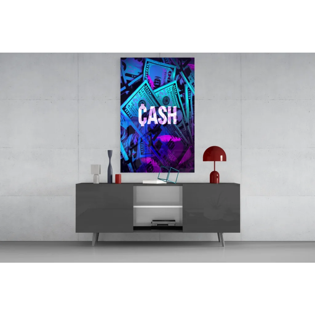 Neon blue purple cash dollar bill wall art canvas print