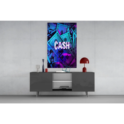 Neon blue purple cash dollar bill wall art canvas print