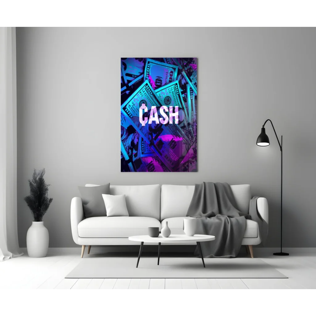 Neon blue purple cash dollar bill canvas wall art print