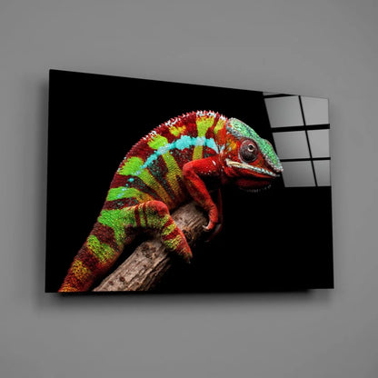 Vibrant multicolored chameleon wall art on black background