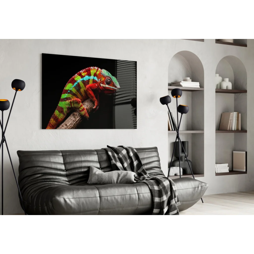 Vibrant multicolored chameleon canvas wall art on black background