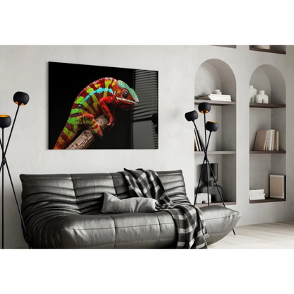 Vibrant multicolored chameleon canvas wall art on black background