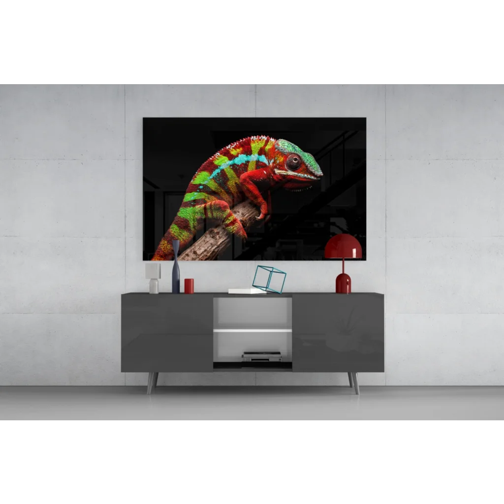 Vibrant multicolored chameleon portrait on sleek black-framed canvas wall art