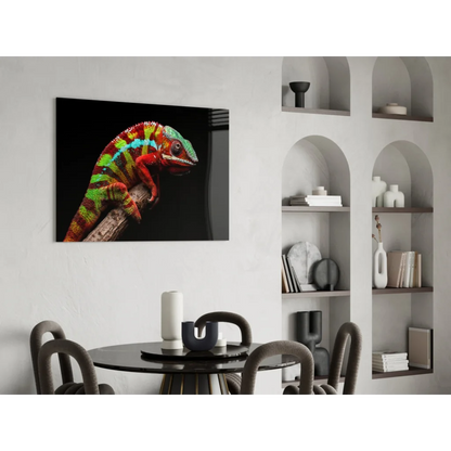 Vibrant multicolored chameleon portrait on sleek black canvas wall art