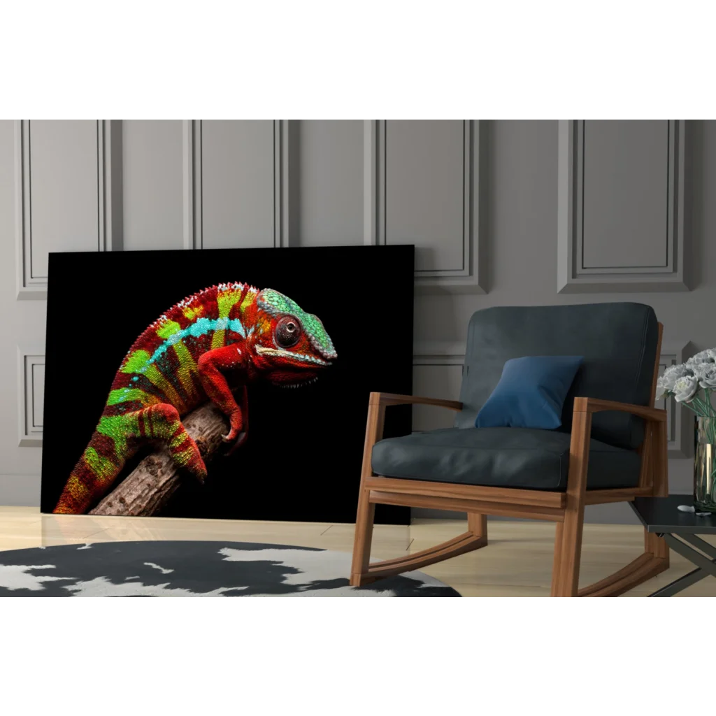 Vibrant multicolored chameleon portrait on black canvas wall art