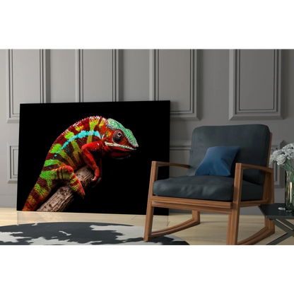 Vibrant multicolored chameleon portrait on black canvas wall art