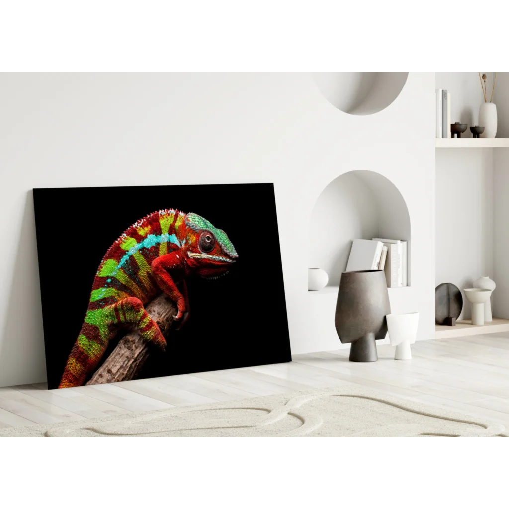 Vibrant neon chameleon canvas wall art on bold black background
