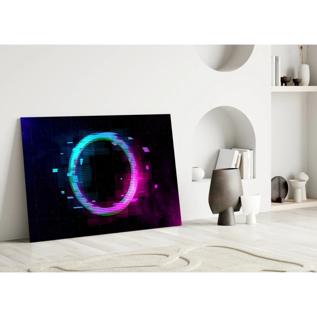 Neon glitch ring glass wall art with electric blue magenta glow on cosmic background