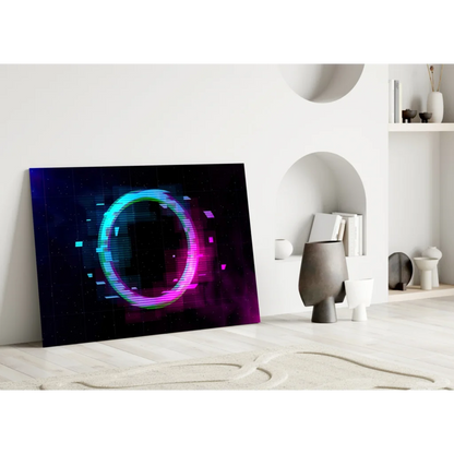 Neon glitch ring glass wall art with electric blue magenta glow on cosmic background