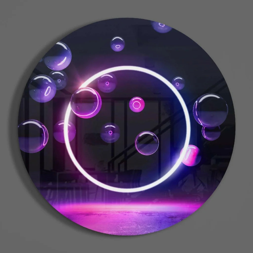 Vibrant neon bubble glow on tempered glass art