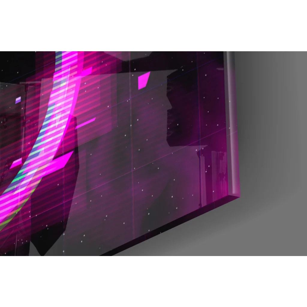 Vibrant neon glitch ring glass wall art with purple pink cosmic glow