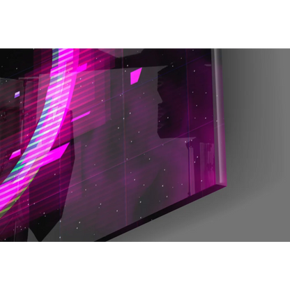 Vibrant neon glitch ring glass wall art with purple pink cosmic glow