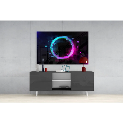 Neon Glitch Ring glass wall art TV display with pink blue neon glow