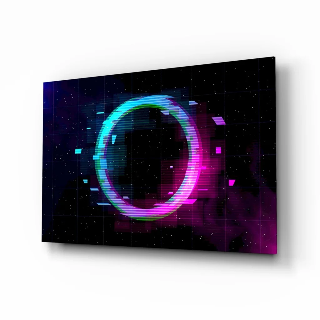 Vibrant neon glitch ring glass wall art with teal-to-magenta cosmic glow