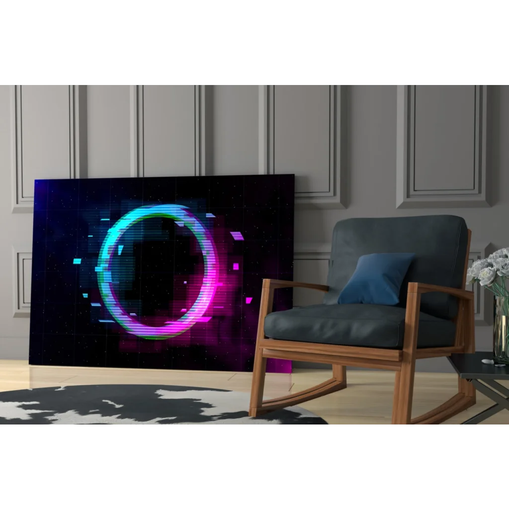 Neon glitch ring glass wall art with electric cosmic glow