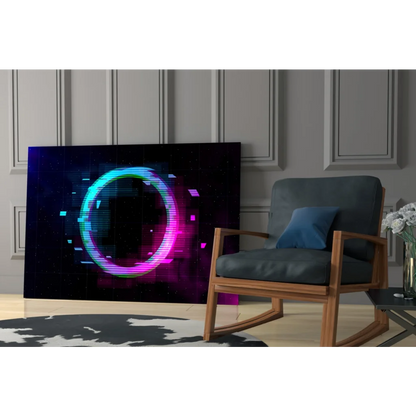 Neon glitch ring glass wall art with electric cosmic glow