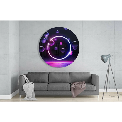 Neon bubble glow tempered glass art with purple white circles