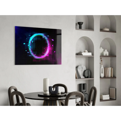 Vibrant neon glitch ring glass wall art with cyan magenta glow on dark background