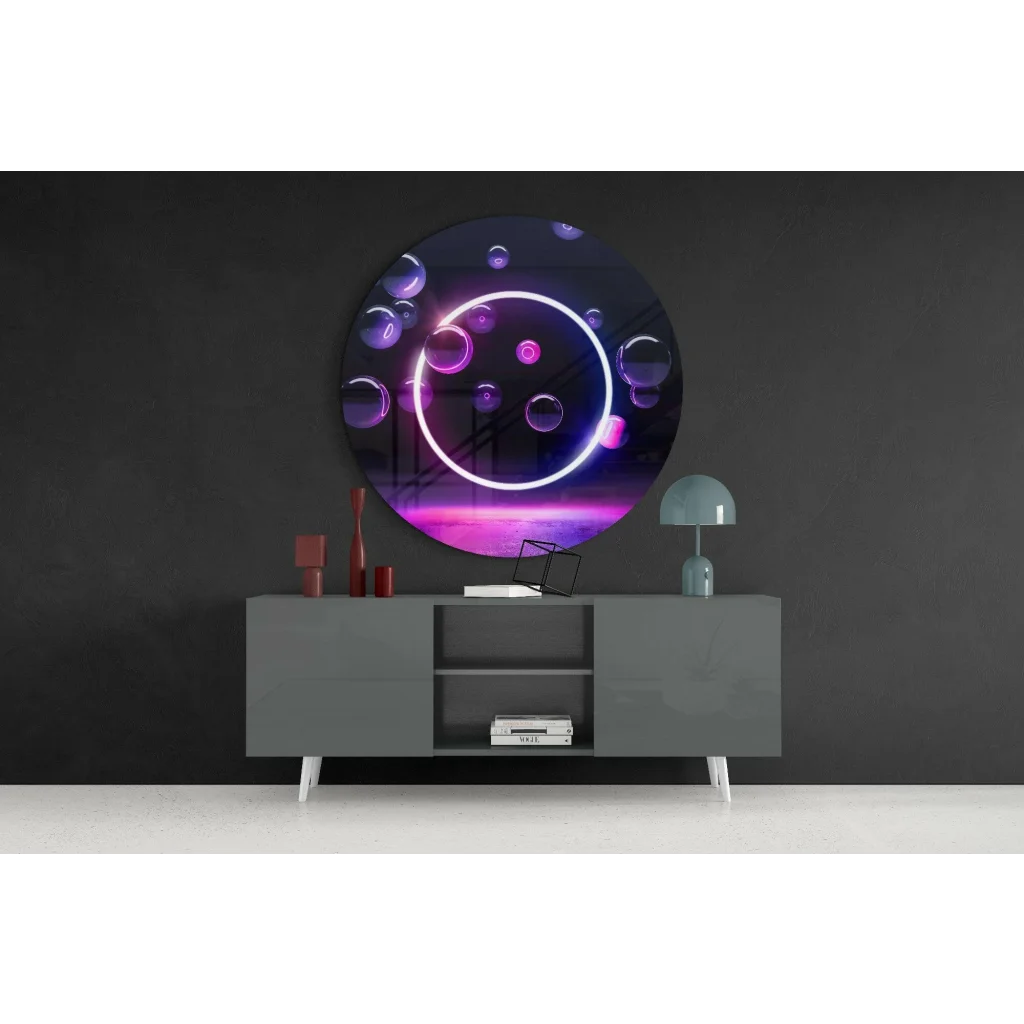 Neon bubble glow tempered glass art with purple pink bubbles on gray wall