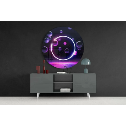 Neon bubble glow tempered glass art with purple pink bubbles on gray wall