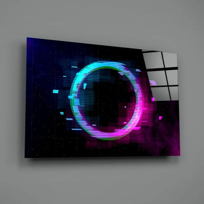 Vibrant neon glitch glass wall art ring with cosmic teal pink green glow