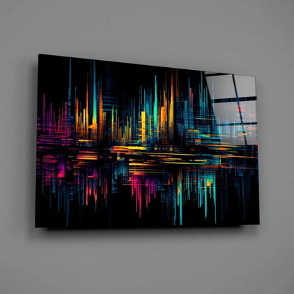 Black abstract Neon City Lights glass wall art with vibrant neon colors on dark gray wall